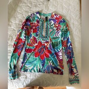 La Blanca Red and Blue Graphic Bib Collar Long-sleeved top for the beach or pool